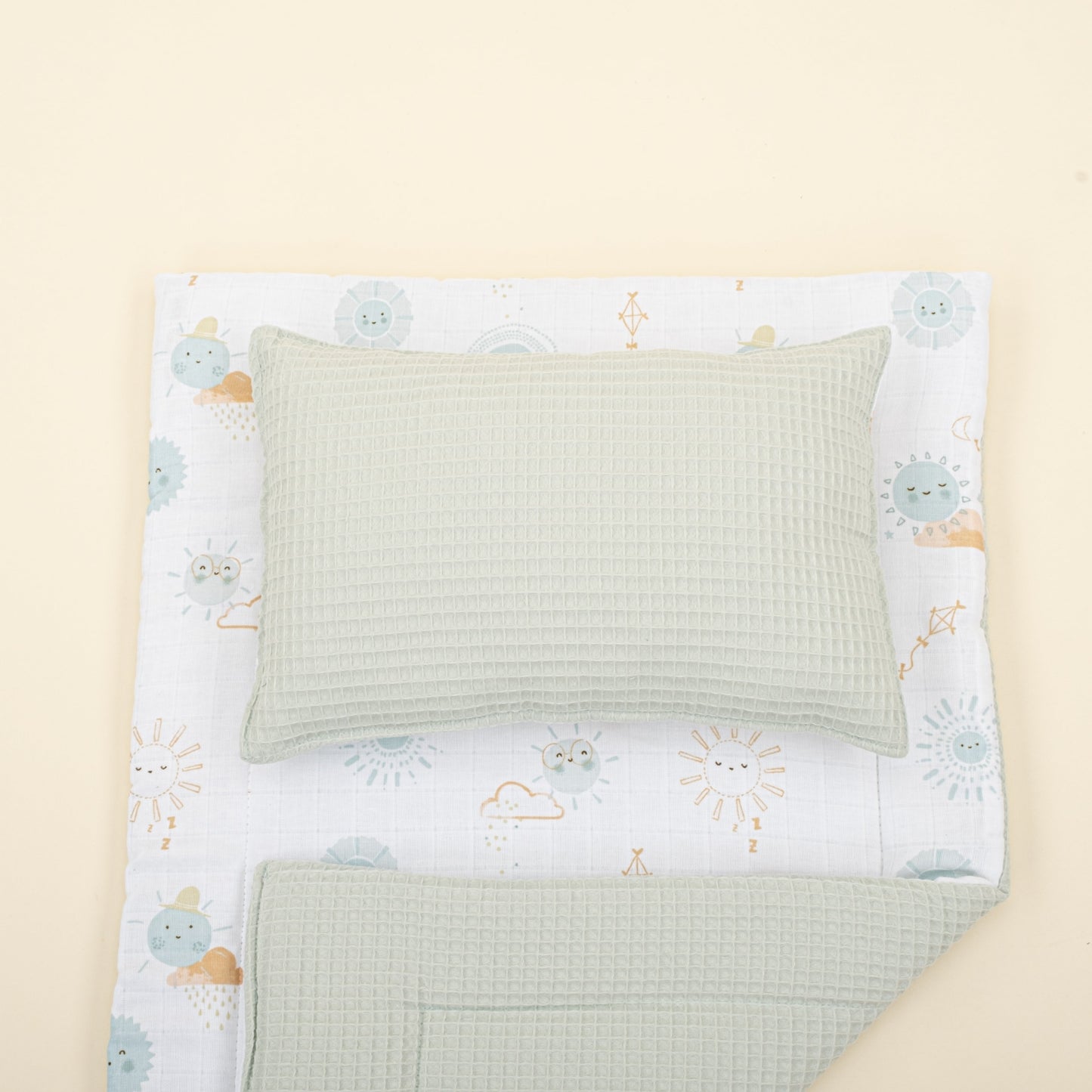 Double Sided Changing Pad and Pillow - Açık Yeşil Petek - Su Yeşili Güneş