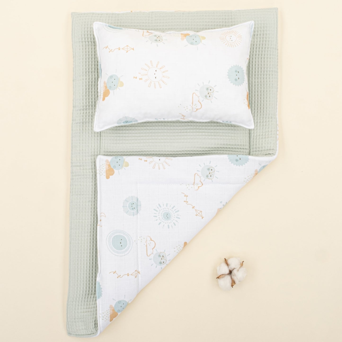 Double Sided Changing Pad and Pillow - Açık Yeşil Petek - Su Yeşili Güneş