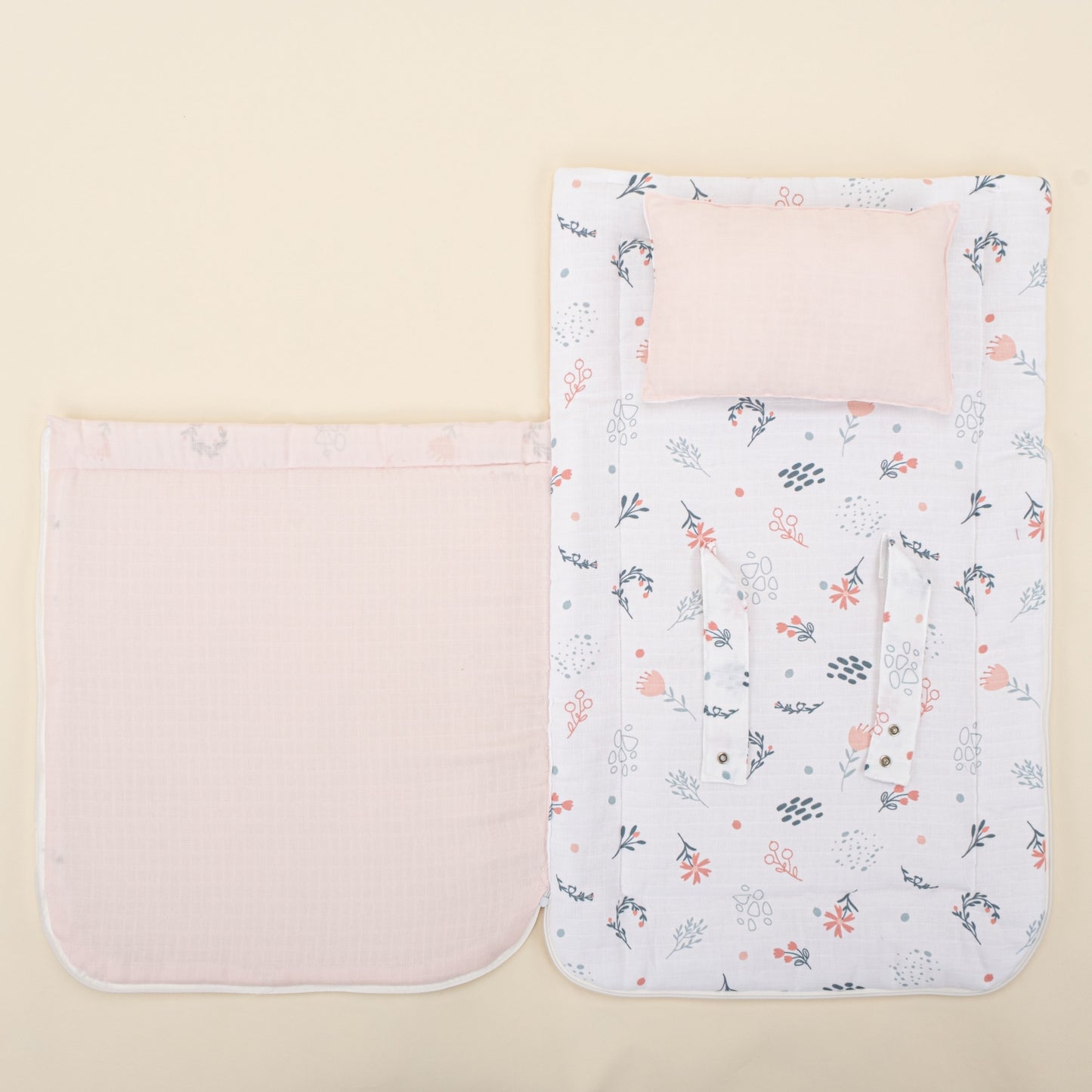 Sleeping Bag and Pillow - Bebe Pembe Muslin - Yeşil Çiçekler