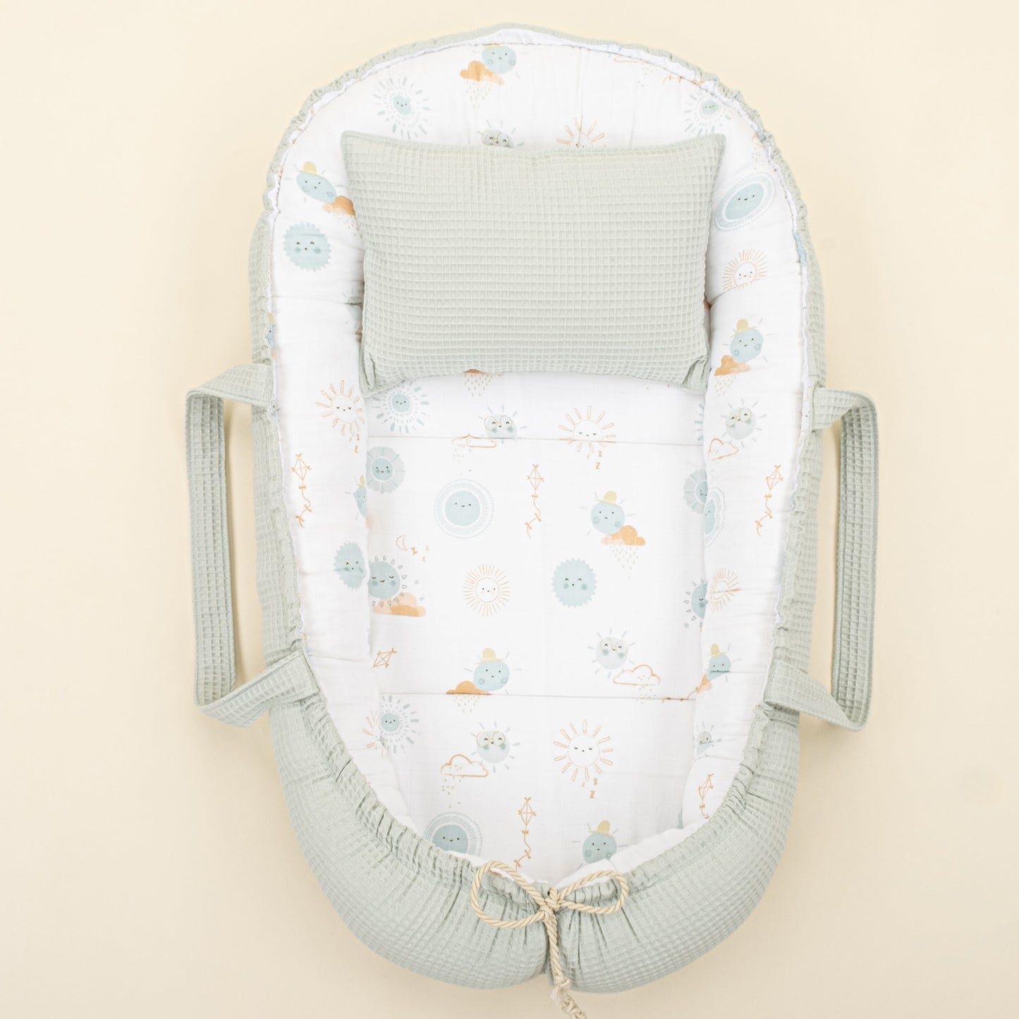 Babynest and Pillow - Çift Taraflı - Açık Yeşil Petek - Su Yeşili Güneş