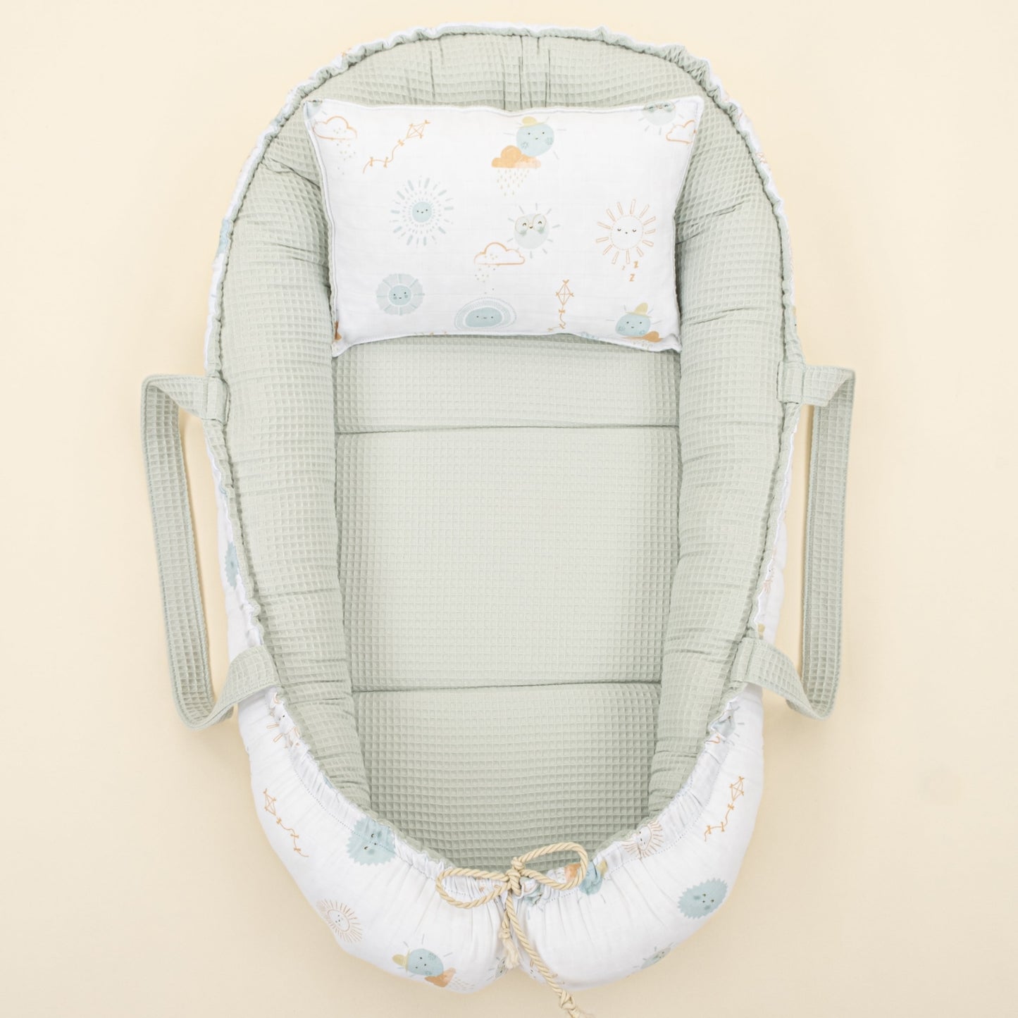 Babynest and Pillow - Çift Taraflı - Açık Yeşil Petek - Su Yeşili Güneş