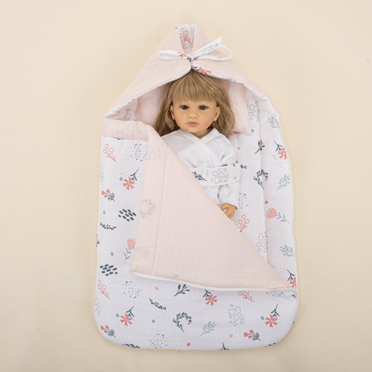 Sleeping Bag and Pillow - Bebe Pembe Muslin - Yeşil Çiçekler