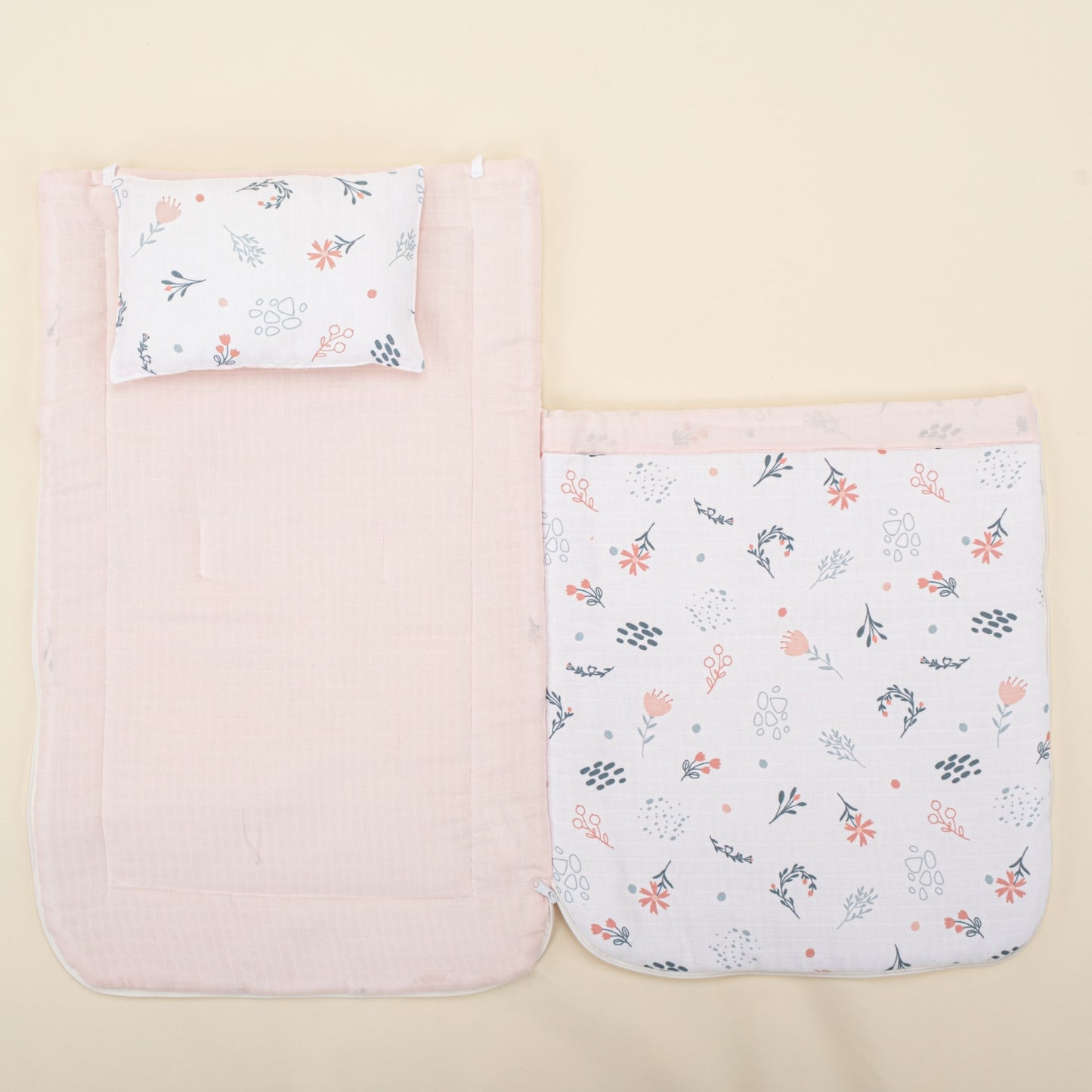 Sleeping Bag and Pillow - Bebe Pembe Muslin - Yeşil Çiçekler