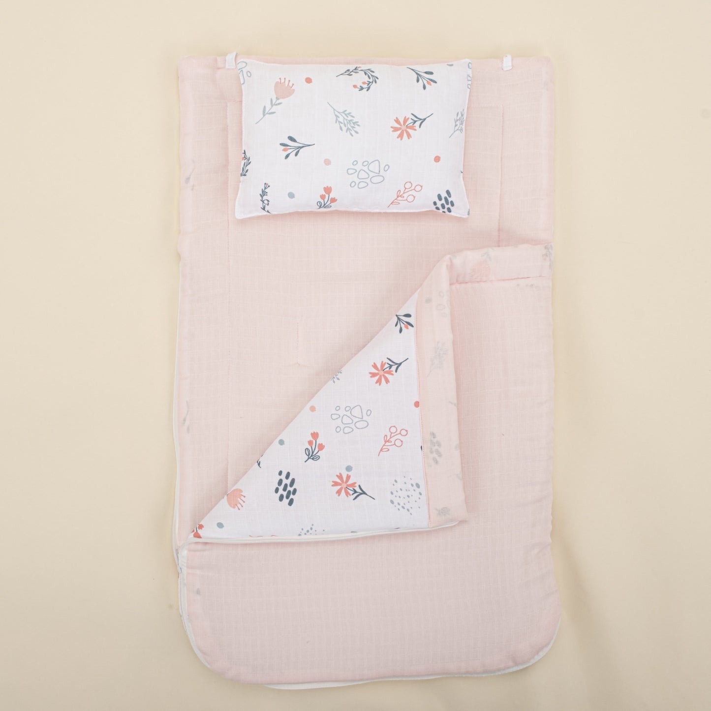 Sleeping Bag and Pillow - Bebe Pembe Muslin - Yeşil Çiçekler