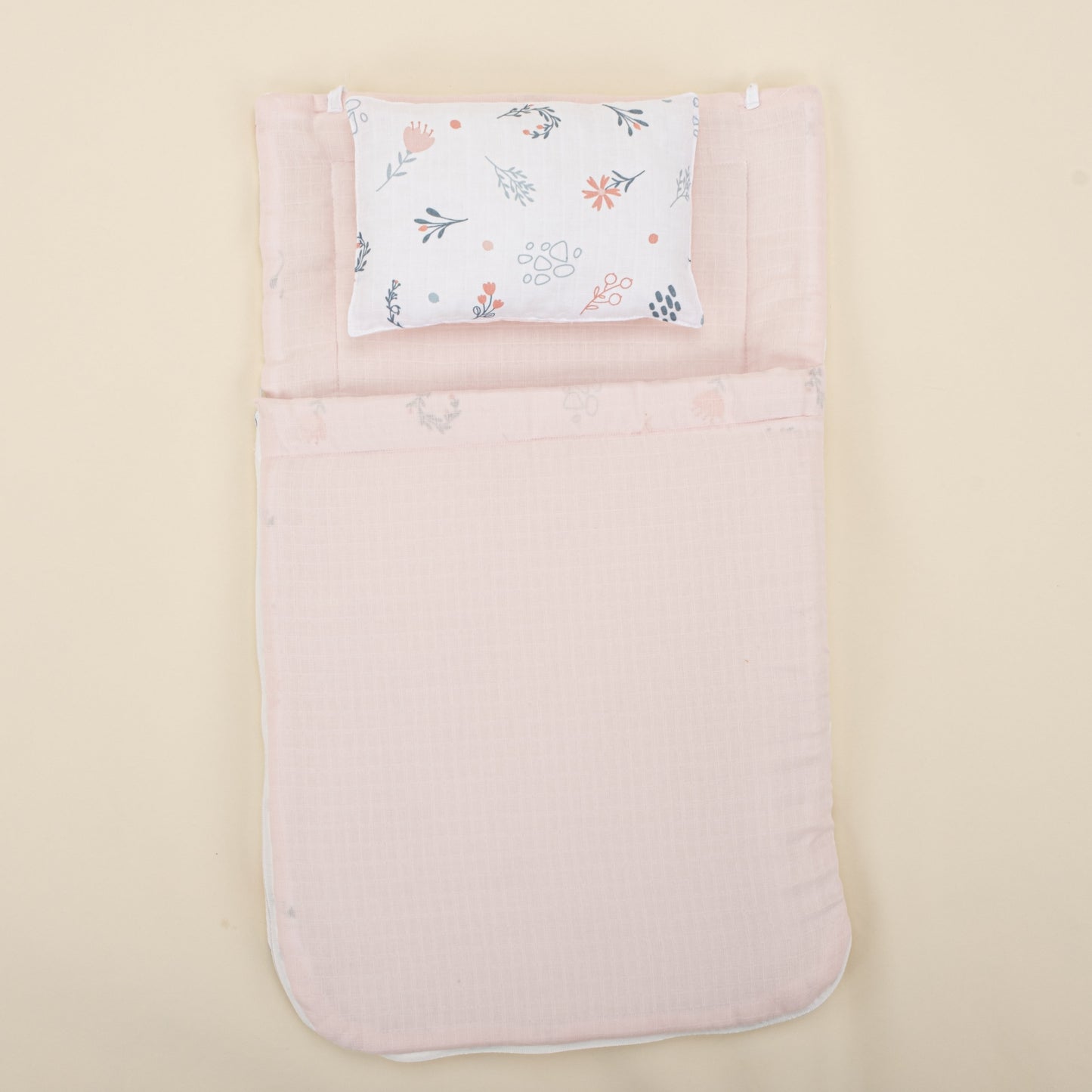 Sleeping Bag and Pillow - Bebe Pembe Muslin - Yeşil Çiçekler