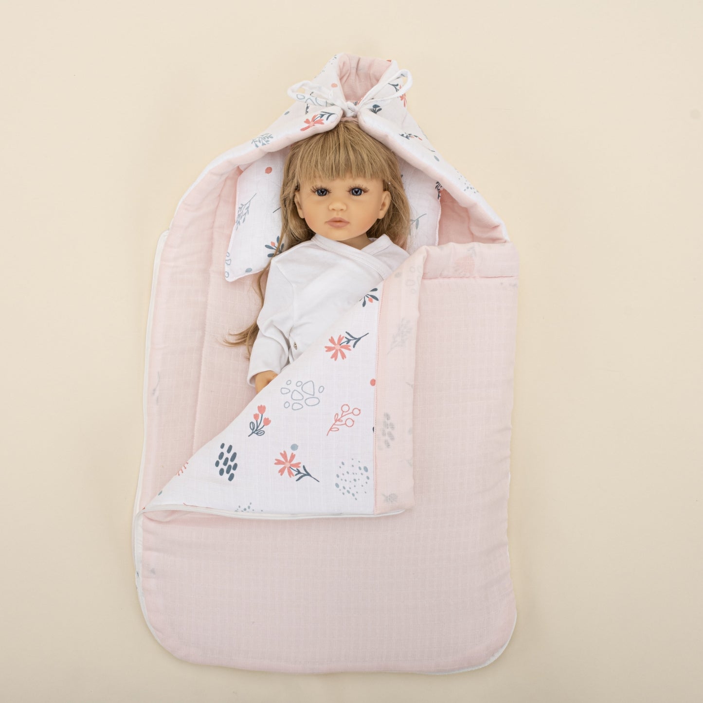 Sleeping Bag and Pillow - Bebe Pembe Muslin - Yeşil Çiçekler