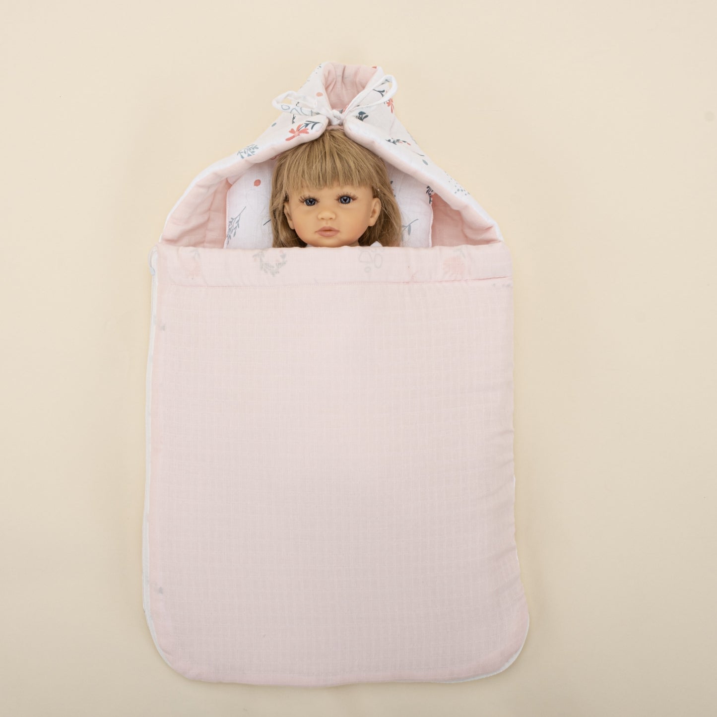 Sleeping Bag and Pillow - Bebe Pembe Muslin - Yeşil Çiçekler