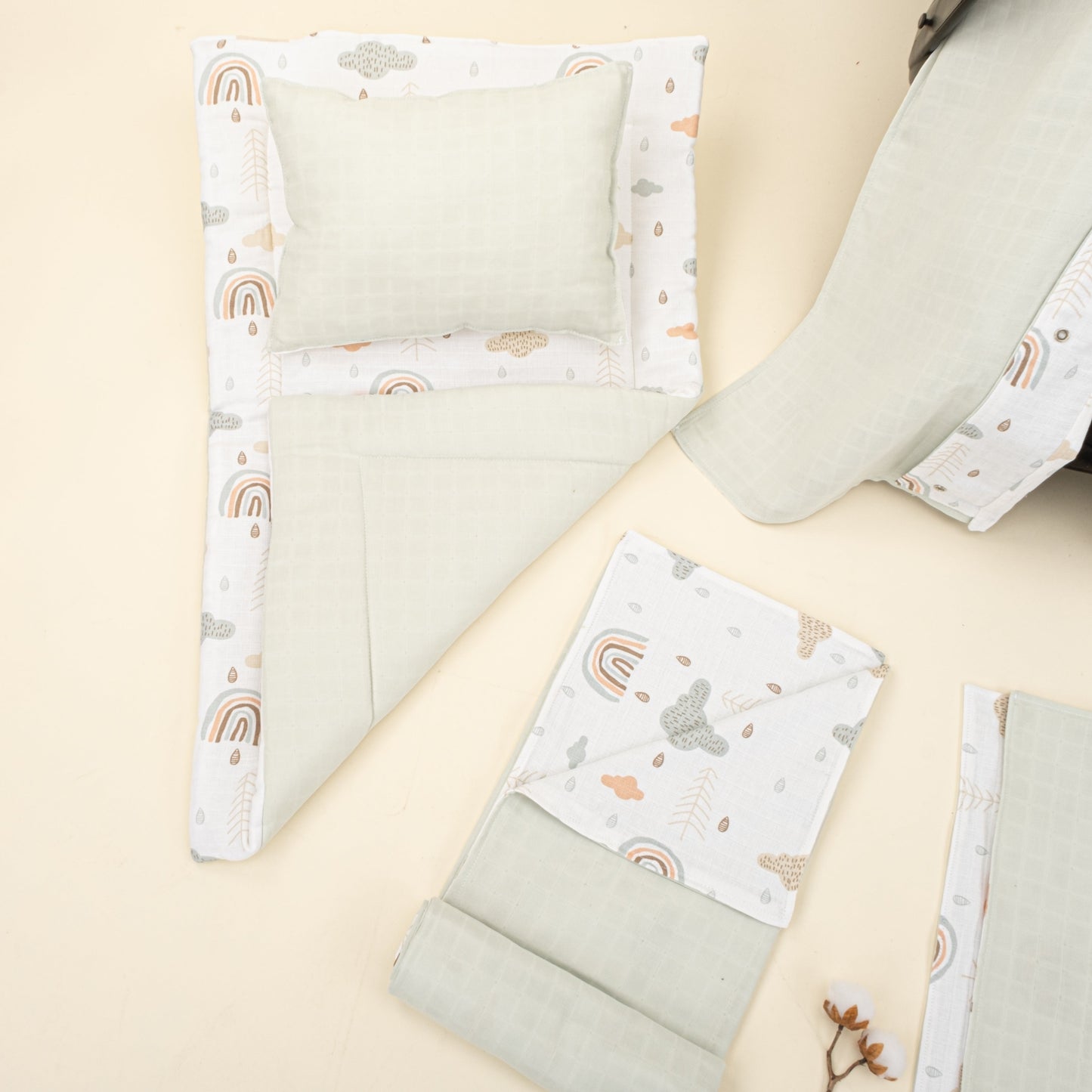 11 Piece - Newborn Sets - Double Sided - Seasonal - Açık Yeşil Muslin - Yeşil Gökkuşağı