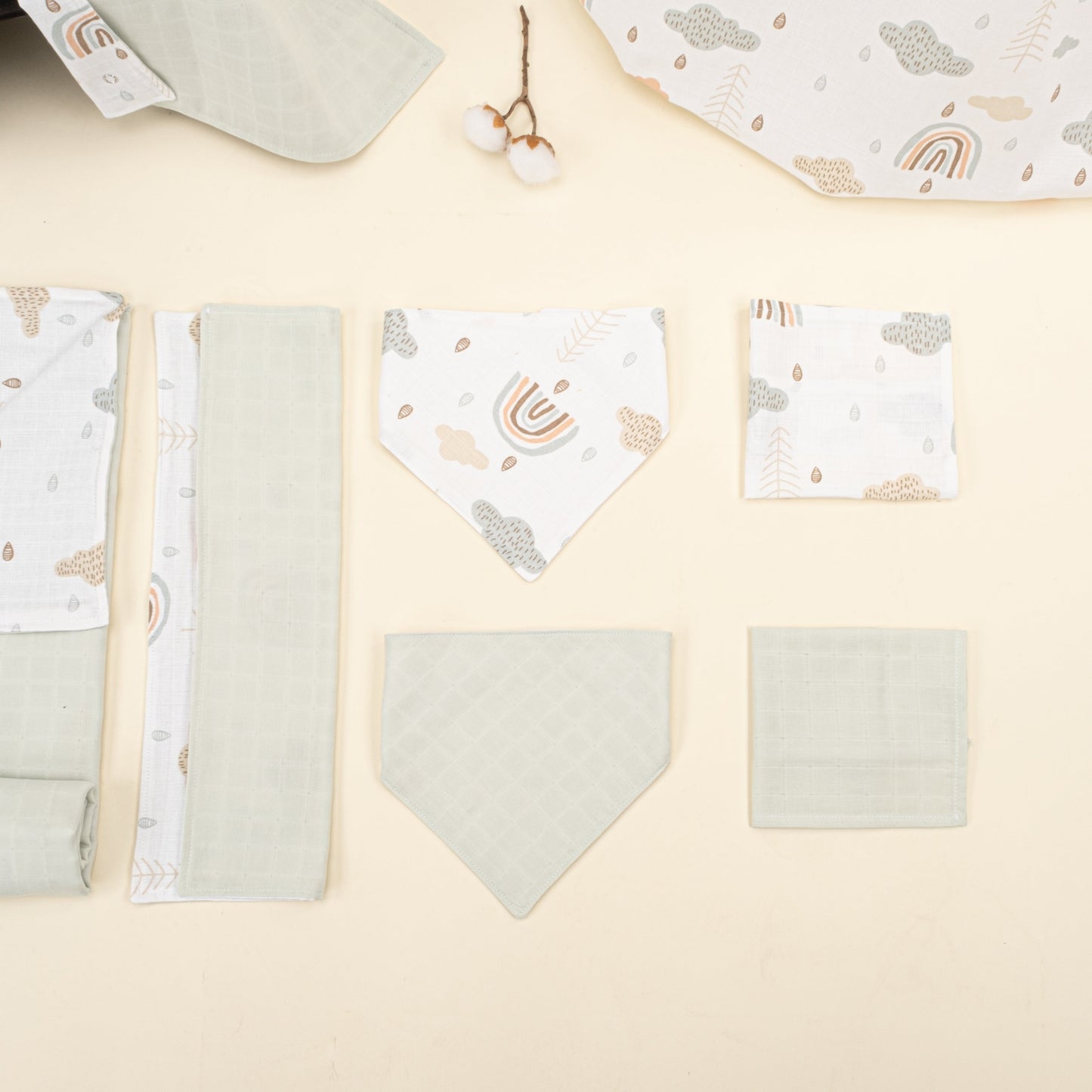 9 Piece - Newborn Sets - Double Sided - Seasonal - Açık Yeşil Muslin - Yeşil Gökkuşağı