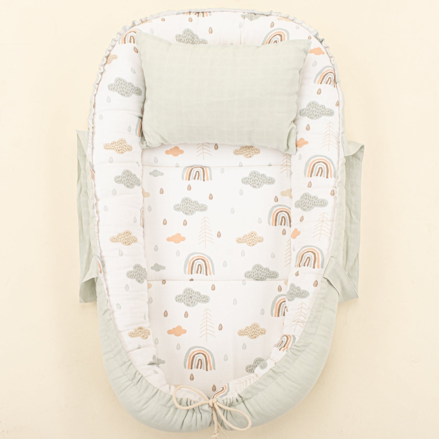 Babynest and Pillow - Çift Taraflı - Açık Yeşil Muslin - Yeşil Gökkuşağı