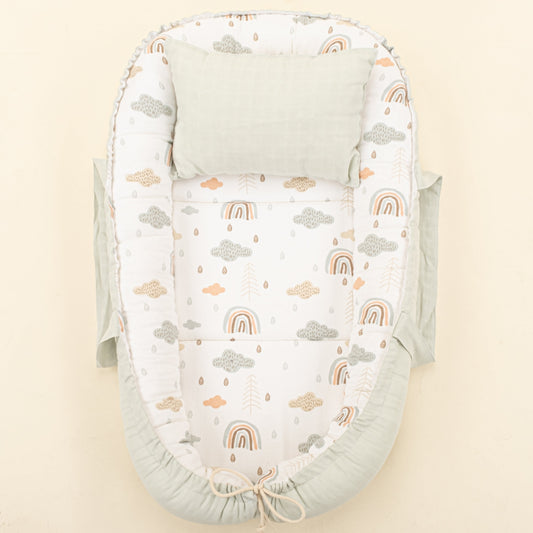 Babynest and Pillow - Çift Taraflı - Açık Yeşil Muslin - Yeşil Gökkuşağı