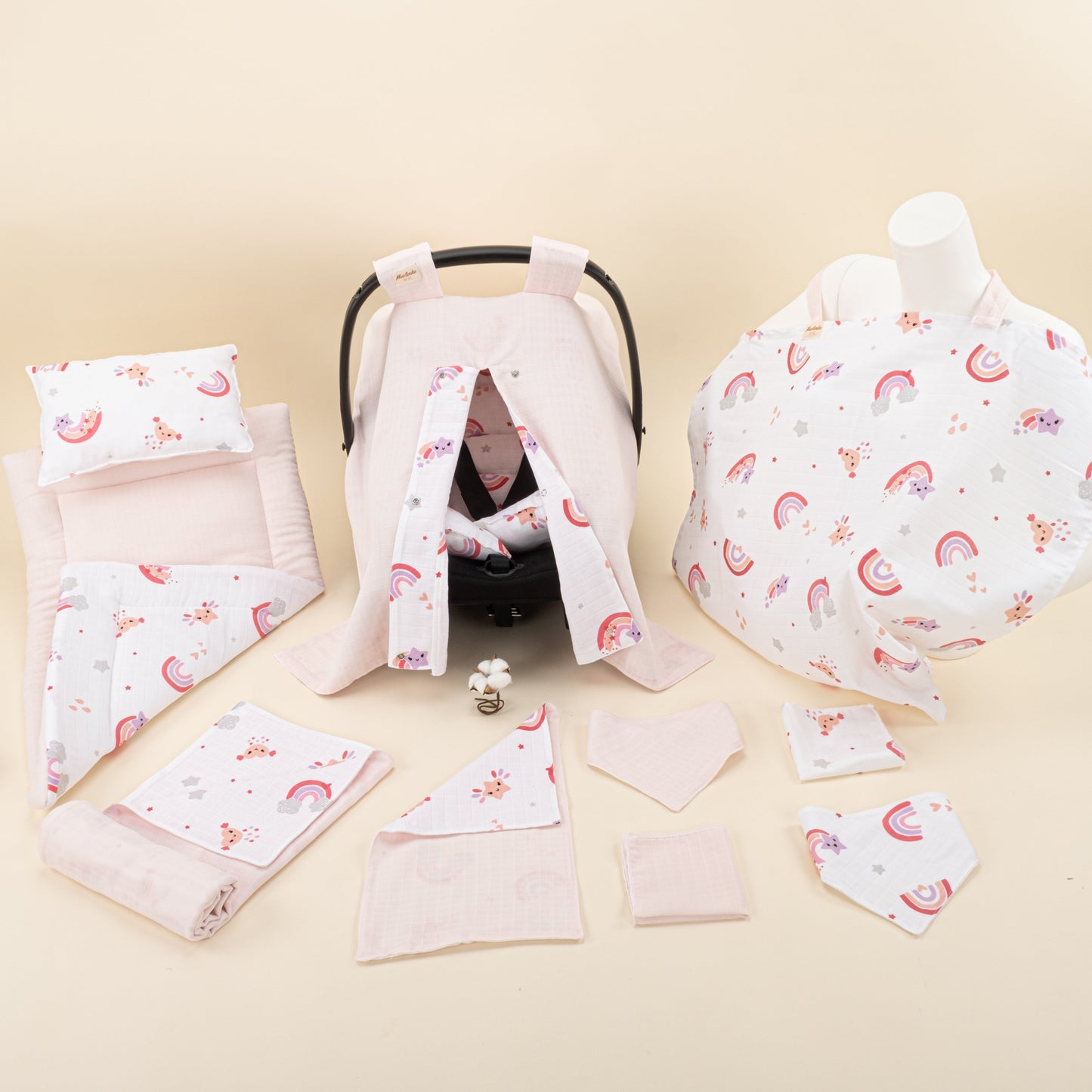 11 Piece - Newborn Sets - Double Sided - Seasonal - Pembe Müslin - Pembe Gökkuşağı