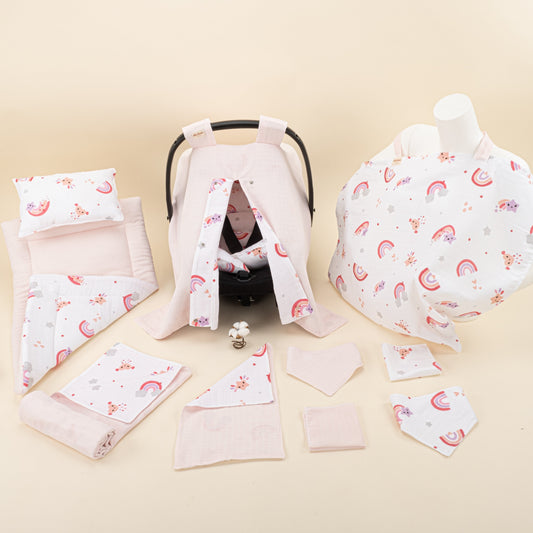 11 Piece - Newborn Sets - Double Sided - Seasonal - Pembe Müslin - Pembe Gökkuşağı