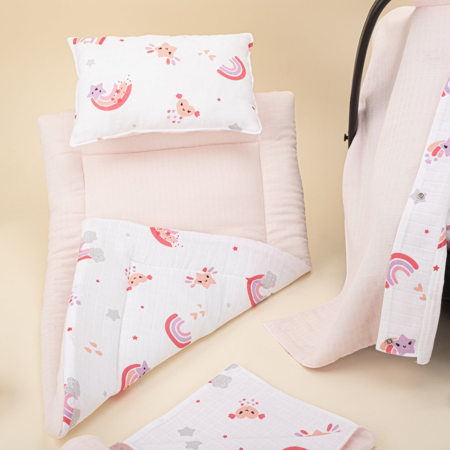 11 Piece - Newborn Sets - Double Sided - Seasonal - Pembe Müslin - Pembe Gökkuşağı