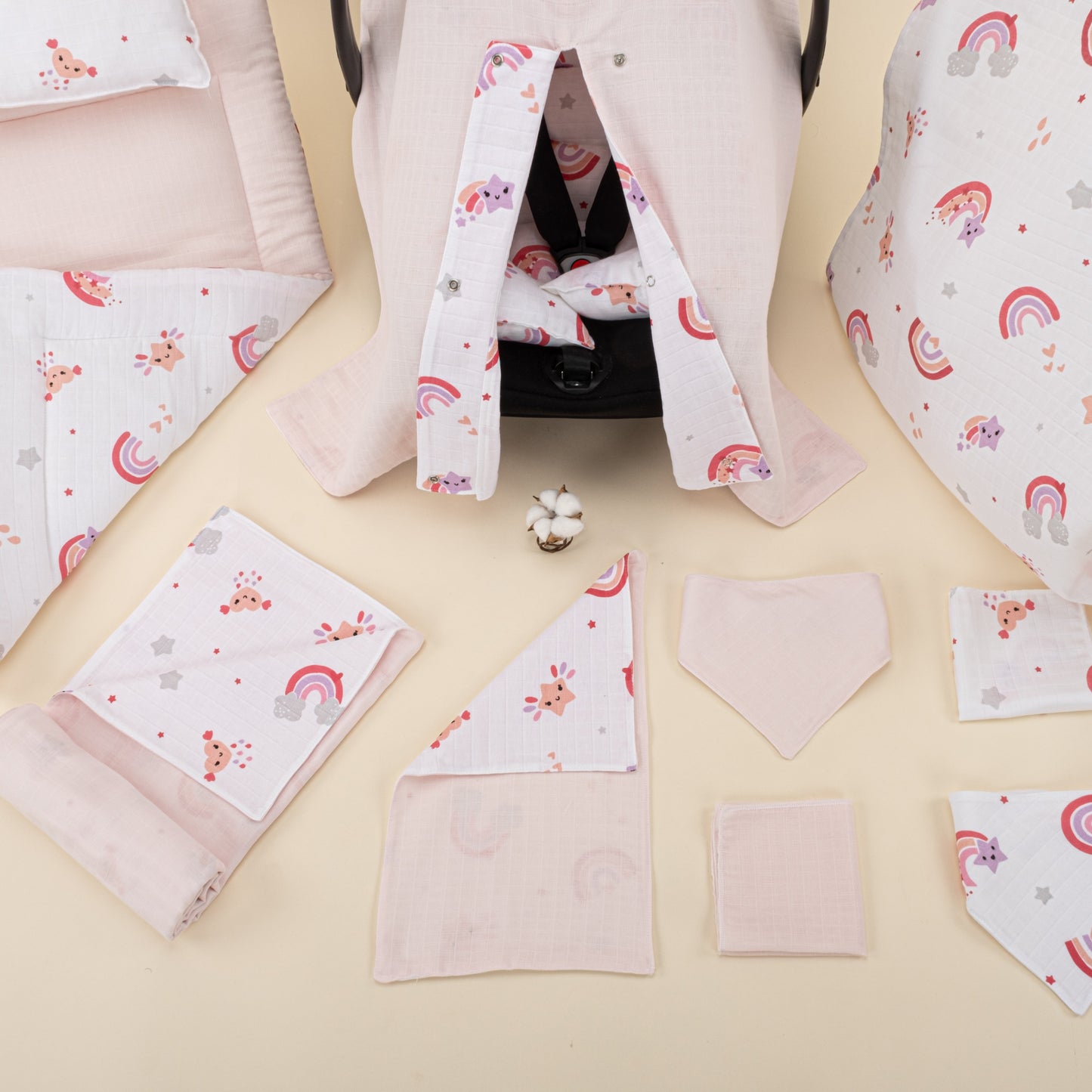 11 Piece - Newborn Sets - Double Sided - Seasonal - Pembe Müslin - Pembe Gökkuşağı