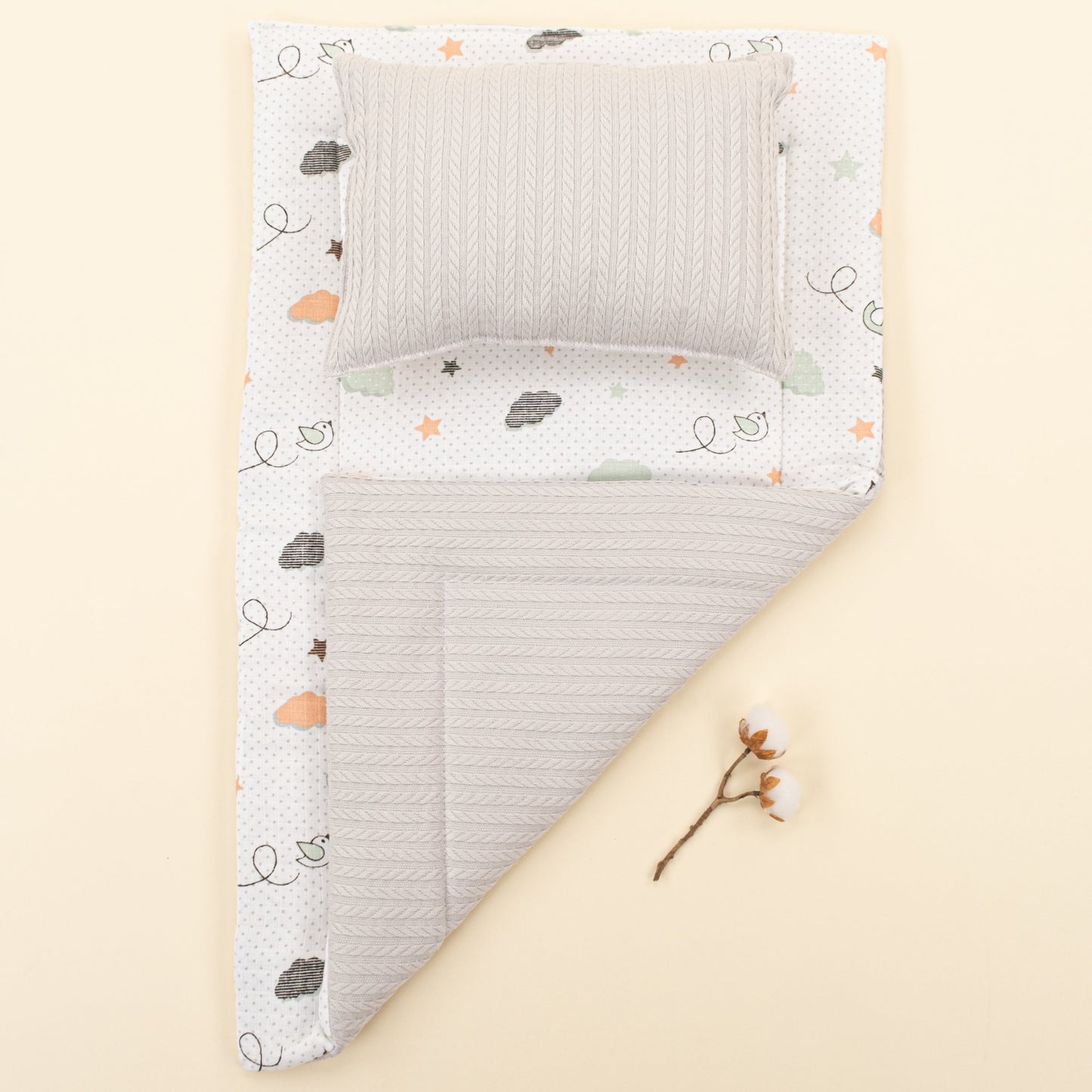 Double Sided Changing Pad and Pillow - Açık Gri Örgü - Kuş