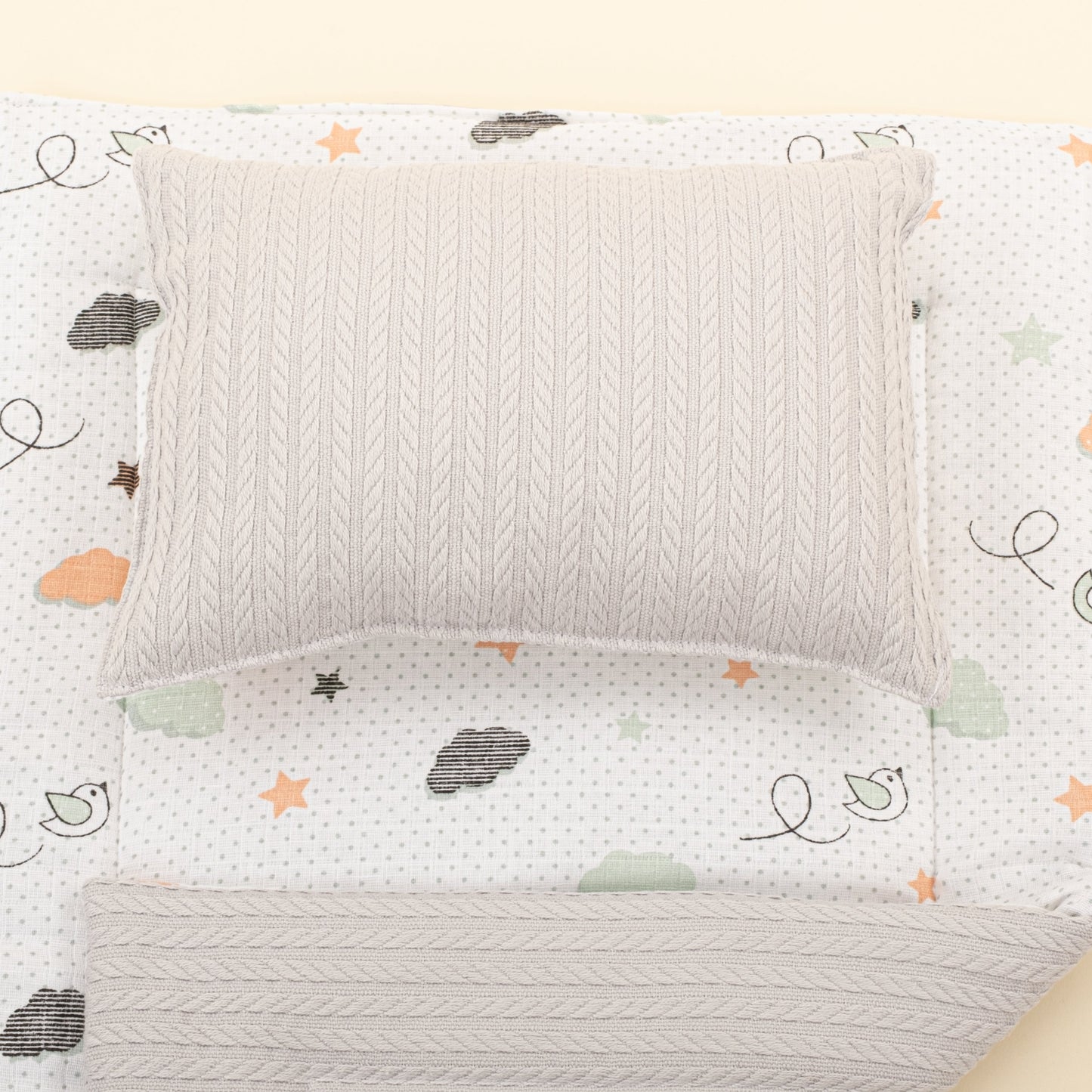 Double Sided Changing Pad and Pillow - Açık Gri Örgü - Kuş