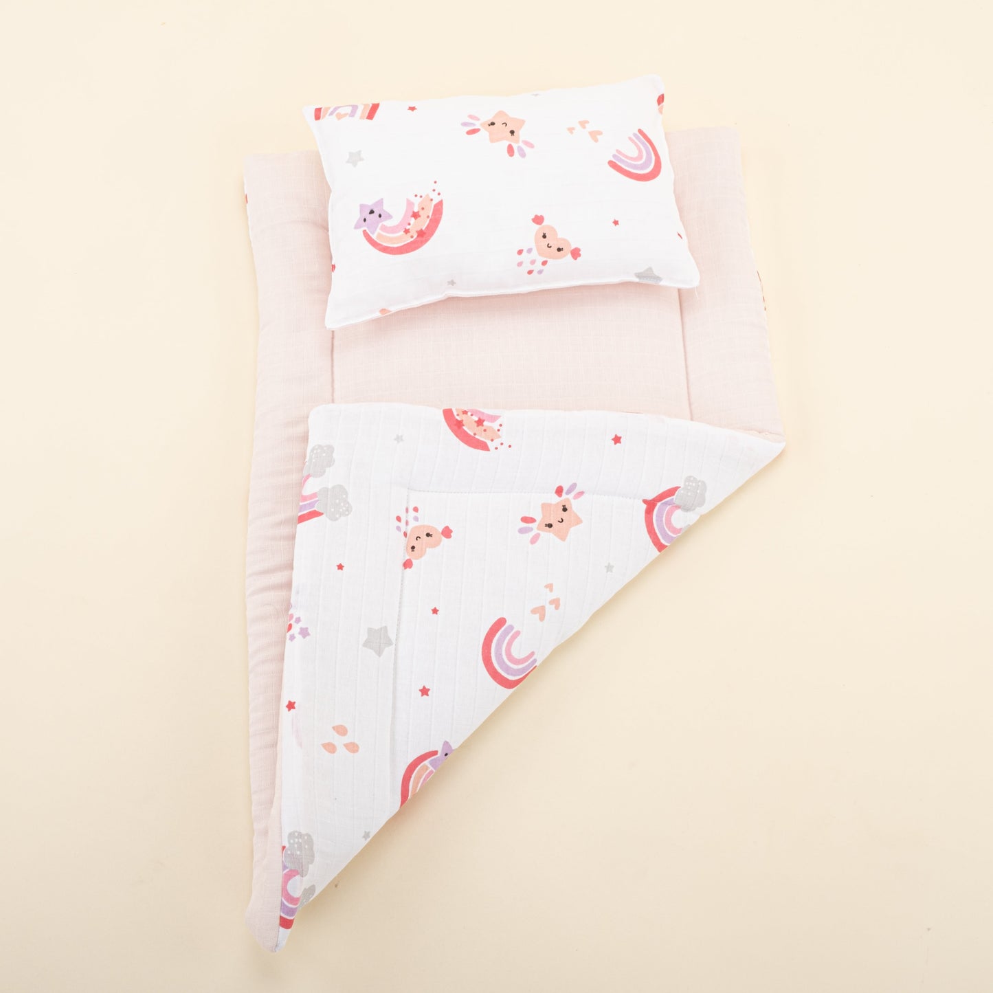 Double Sided Changing Pad and Pillow - Bebe Pembe Muslin - Pembe Gökkuşağı