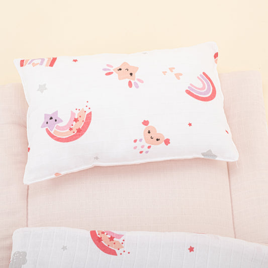 Double Sided Changing Pad and Pillow - Bebe Pembe Muslin - Pembe Gökkuşağı