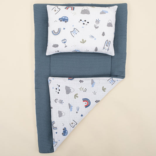 Double Sided Changing Pad and Pillow  - Koyu Mavi Petek - Mavi Kedi