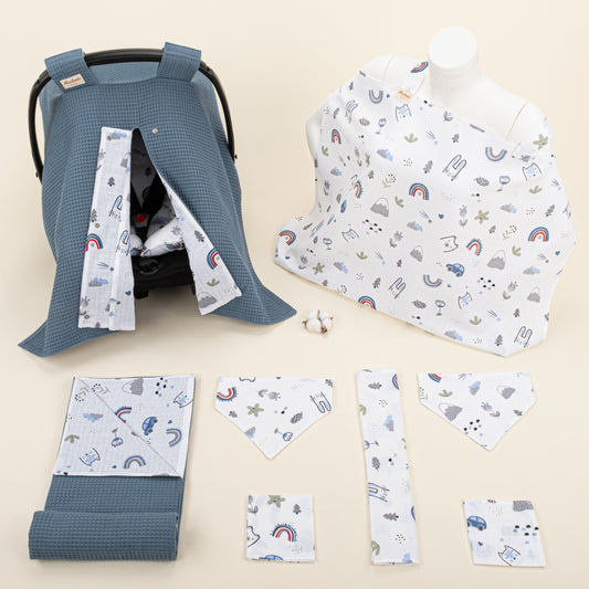 9 Piece - Newborn Sets - Double Sided - Winter - Koyu Mavi Petek - Mavi Kedi