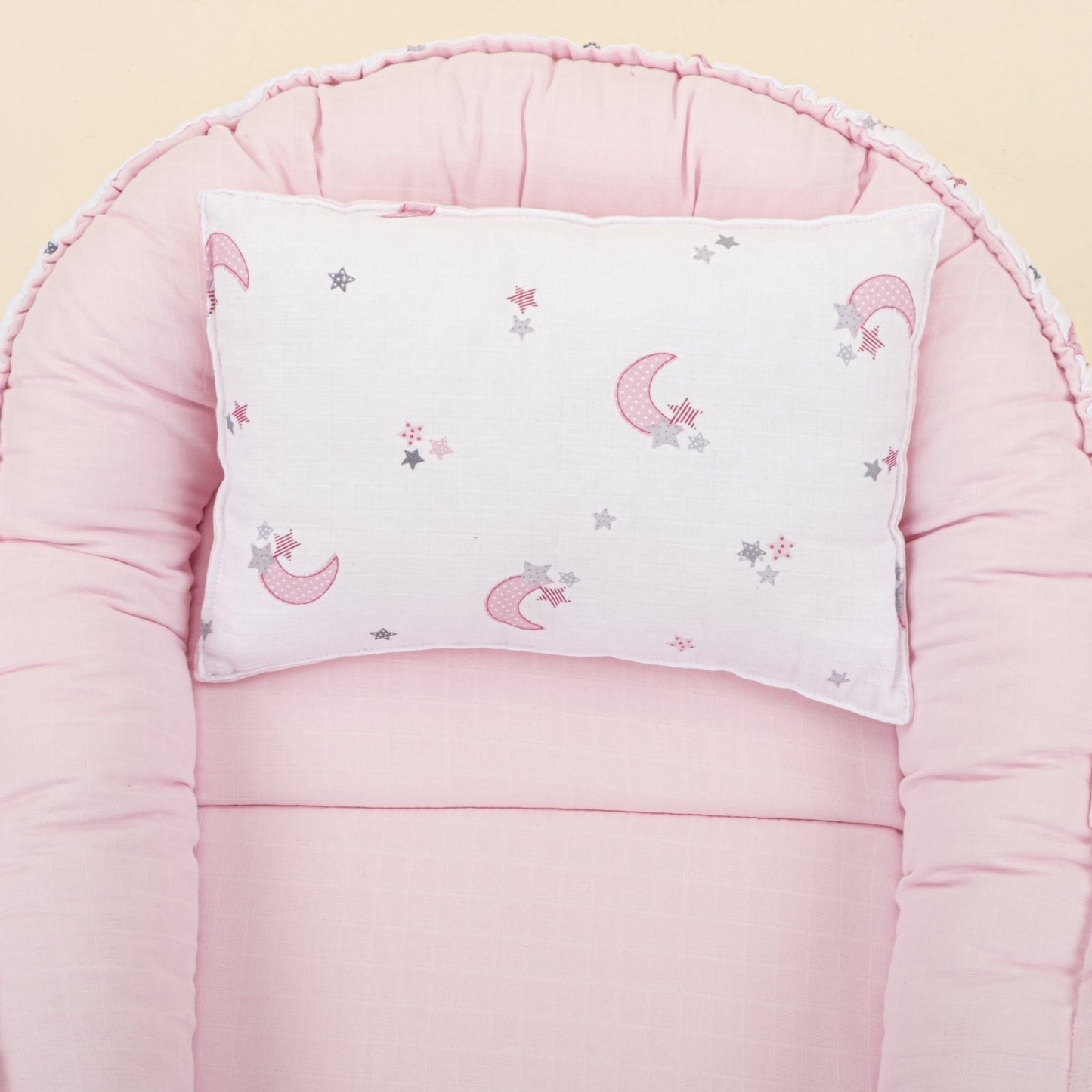 Babynest and Pillow - Çift Taraflı - Bebe Pembe Muslin - Pembe Ay