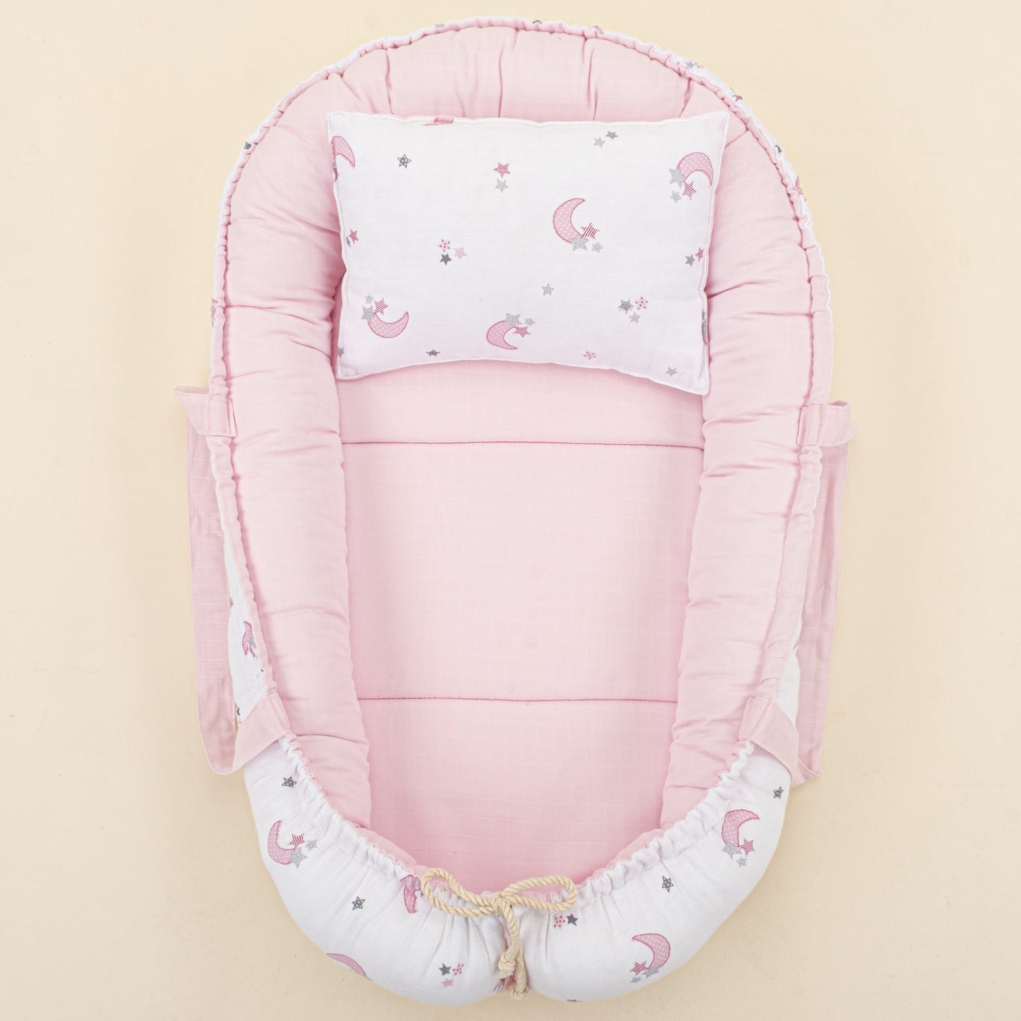 Babynest and Pillow - Çift Taraflı - Bebe Pembe Muslin - Pembe Ay