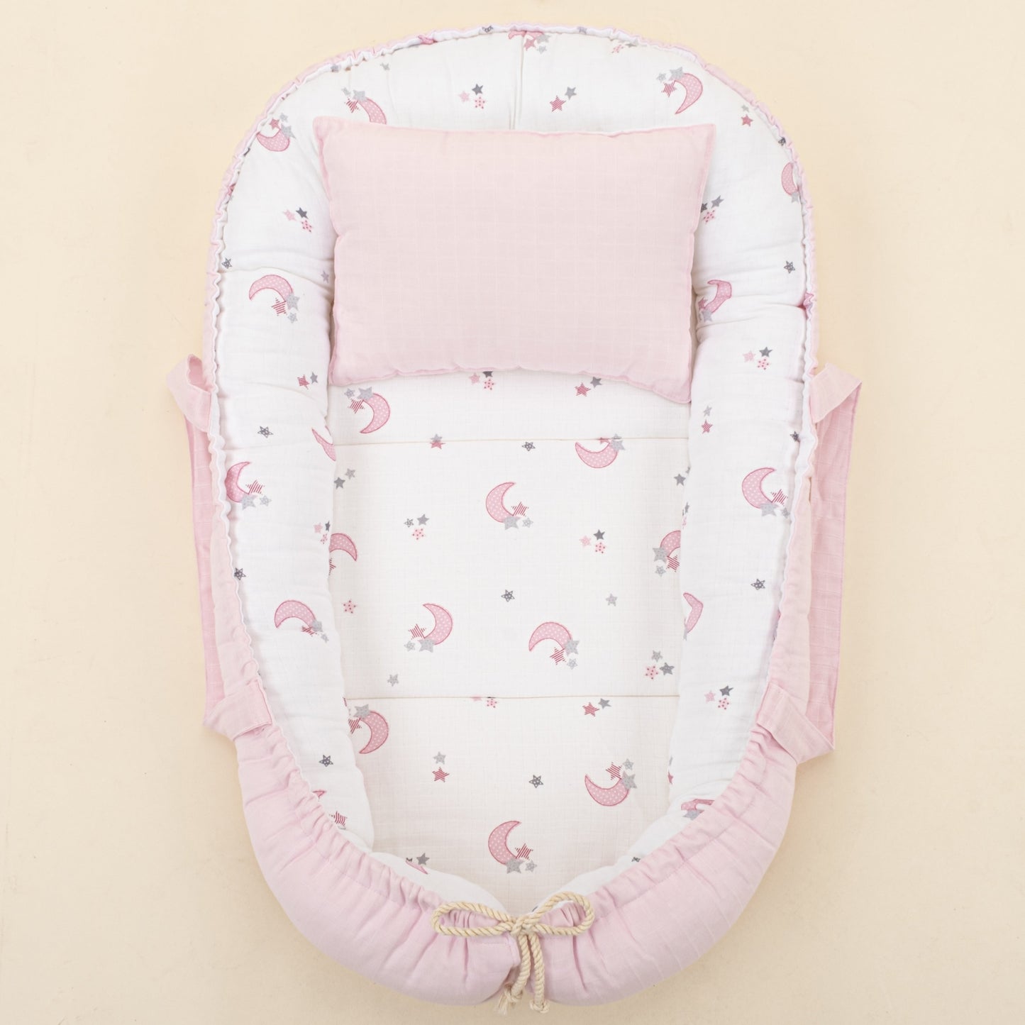 Babynest and Pillow - Çift Taraflı - Bebe Pembe Muslin - Pembe Ay