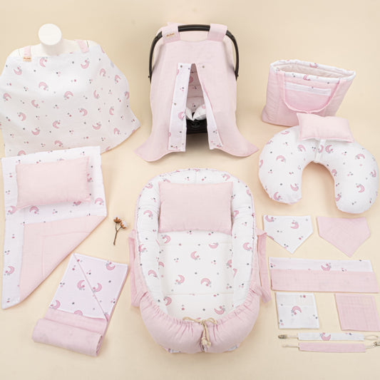 18 Piece Full Set - Double Sided - Bebe Pembe Muslin - Pembe Ay