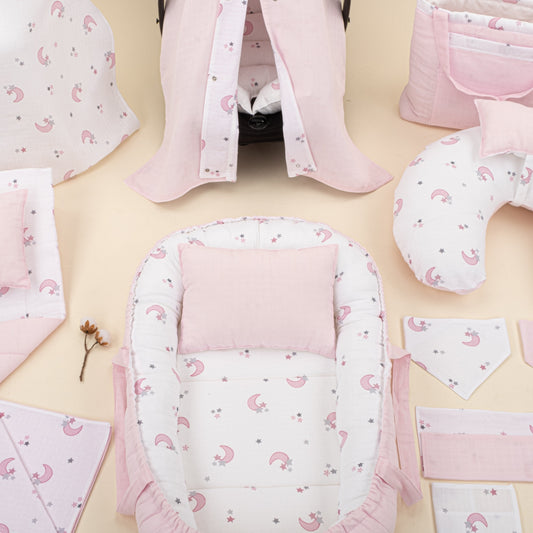 18 Piece Full Set - Double Sided - Bebe Pembe Muslin - Pembe Ay