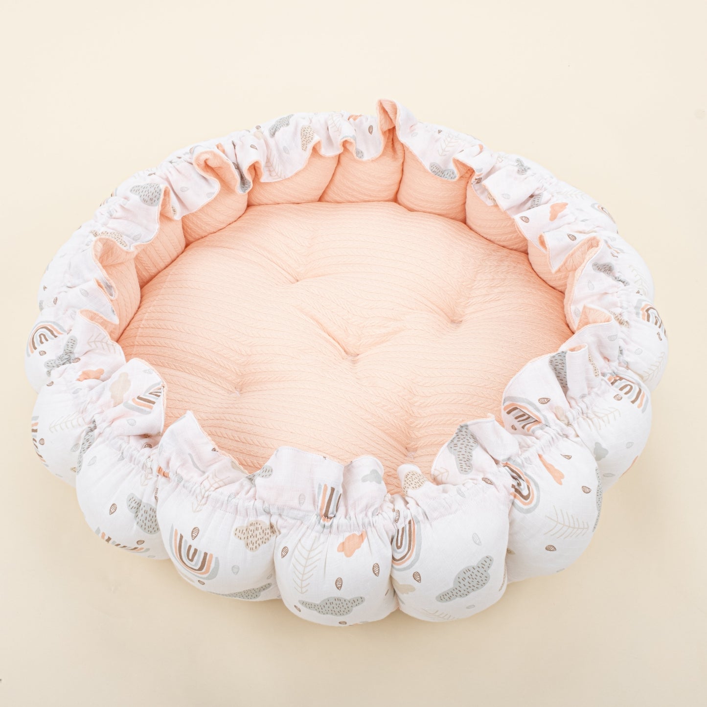 Round Babynest - Çift Taraflı - Somon Örgü - Yeşil Gökkuşağı