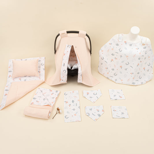 11 Piece - Newborn Sets - Double Sided - Winter - Somon Örgü - Yeşil Çiçekler