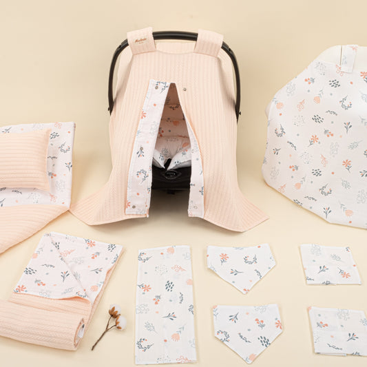 11 Piece - Newborn Sets - Double Sided - Winter - Somon Örgü - Yeşil Çiçekler