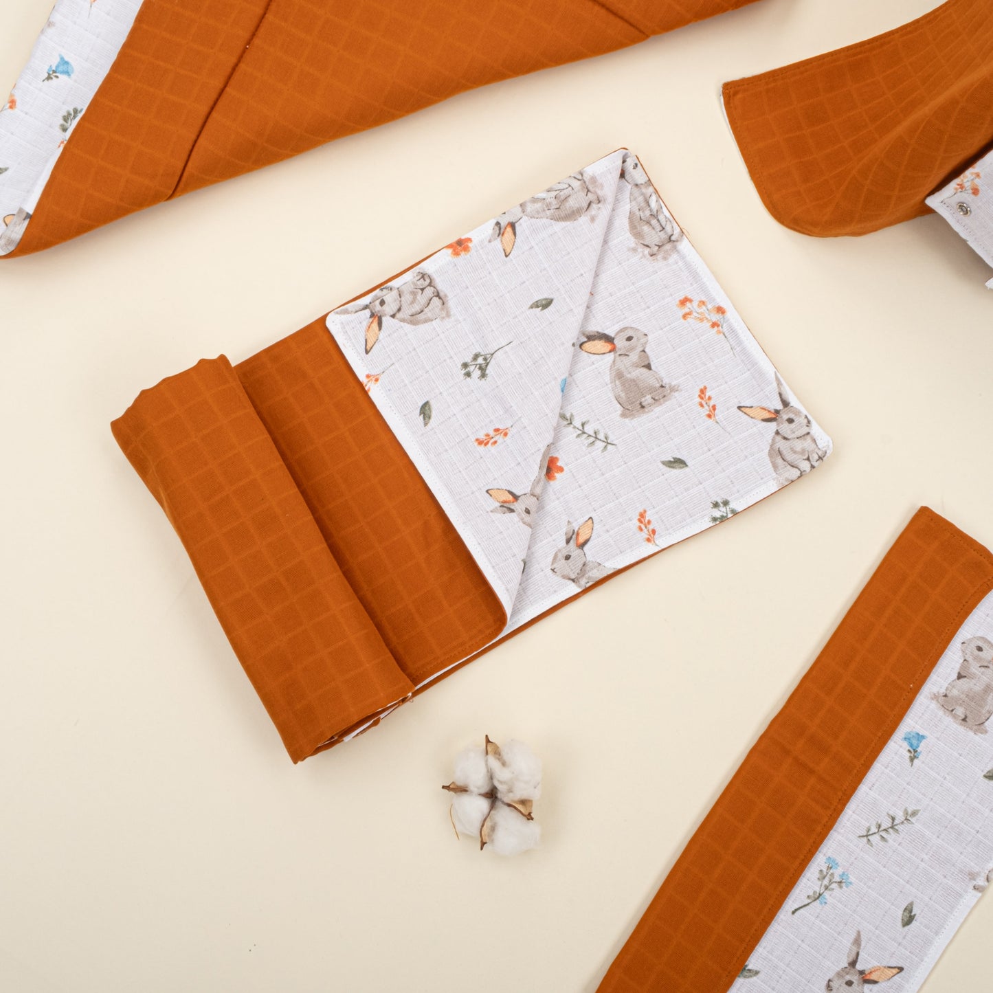 11 Piece - Newborn Sets - Double Sided - Seasonal - Kiremit Muslin - Kahverengi Tavşan