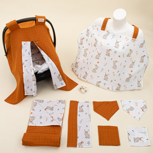 9 Piece - Newborn Sets - Double Sided - Seasonal - Kiremit Muslin - Kahverengi Tavşan