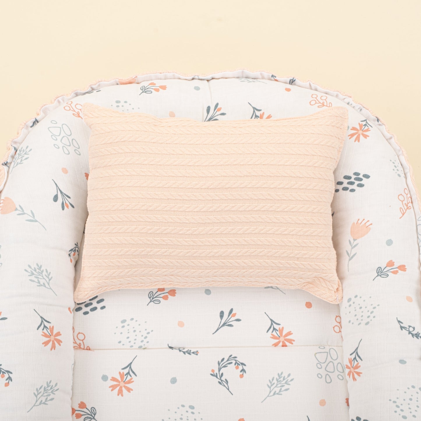 Babynest and Pillow - Çift Taraflı - Somon Örgü - Yeşil Çiçekler