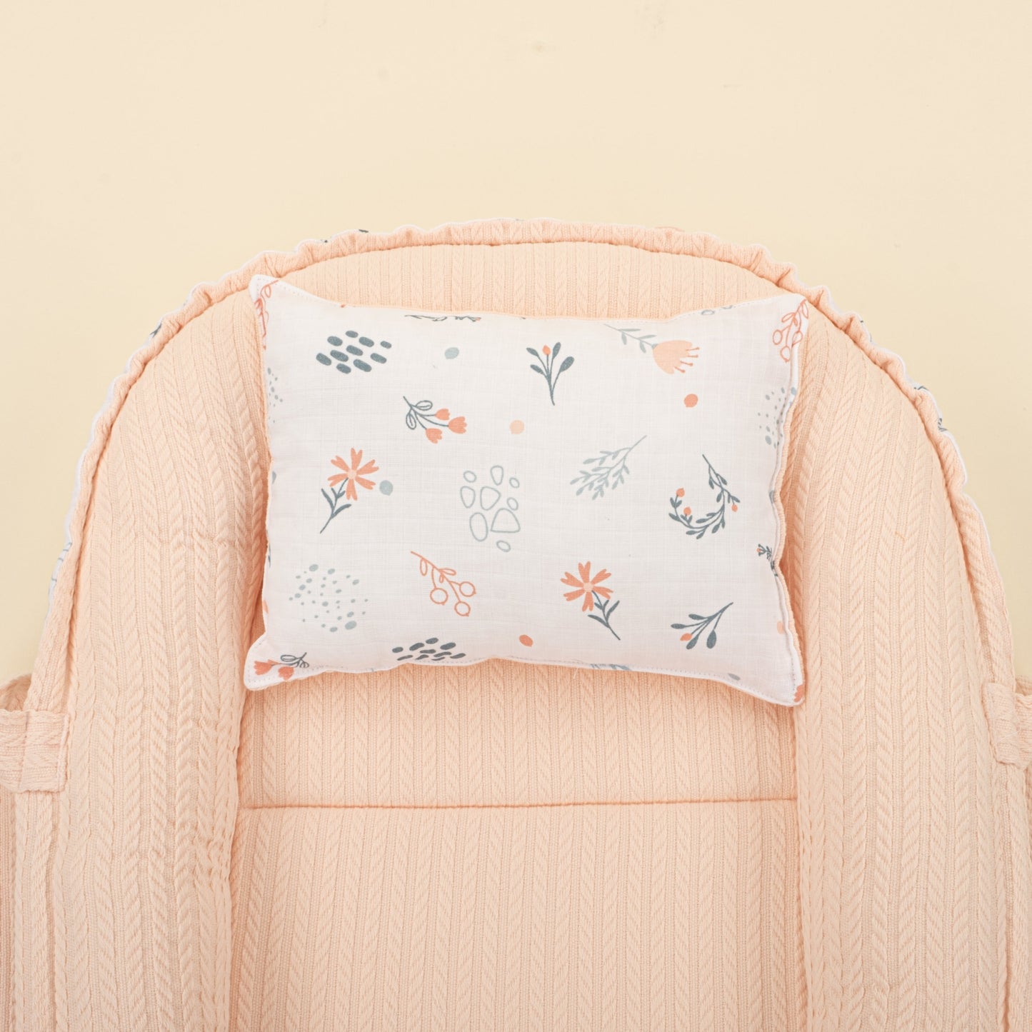 Babynest and Pillow - Çift Taraflı - Somon Örgü - Yeşil Çiçekler