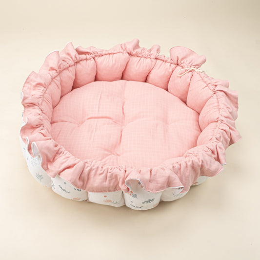 Round Babynest - Çift Taraflı - Pembe Muslin - Yeşil Çiçekler