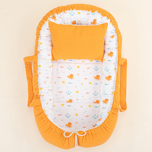 Babynest  and Pillow - Çift Taraflı - Oranj Petek - Ahtapot