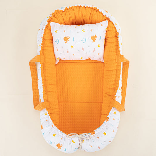 Babynest  and Pillow - Çift Taraflı - Oranj Petek - Ahtapot