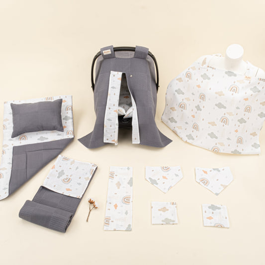 11 Piece - Newborn Sets - Double Sided - Winter - Antrasit Waffle - Yeşil Gökkuşağı