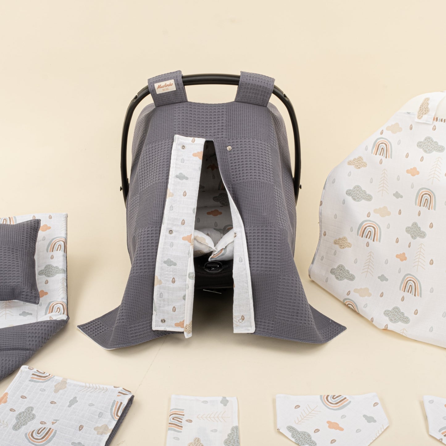 11 Piece - Newborn Sets - Double Sided - Winter - Antrasit Waffle - Yeşil Gökkuşağı