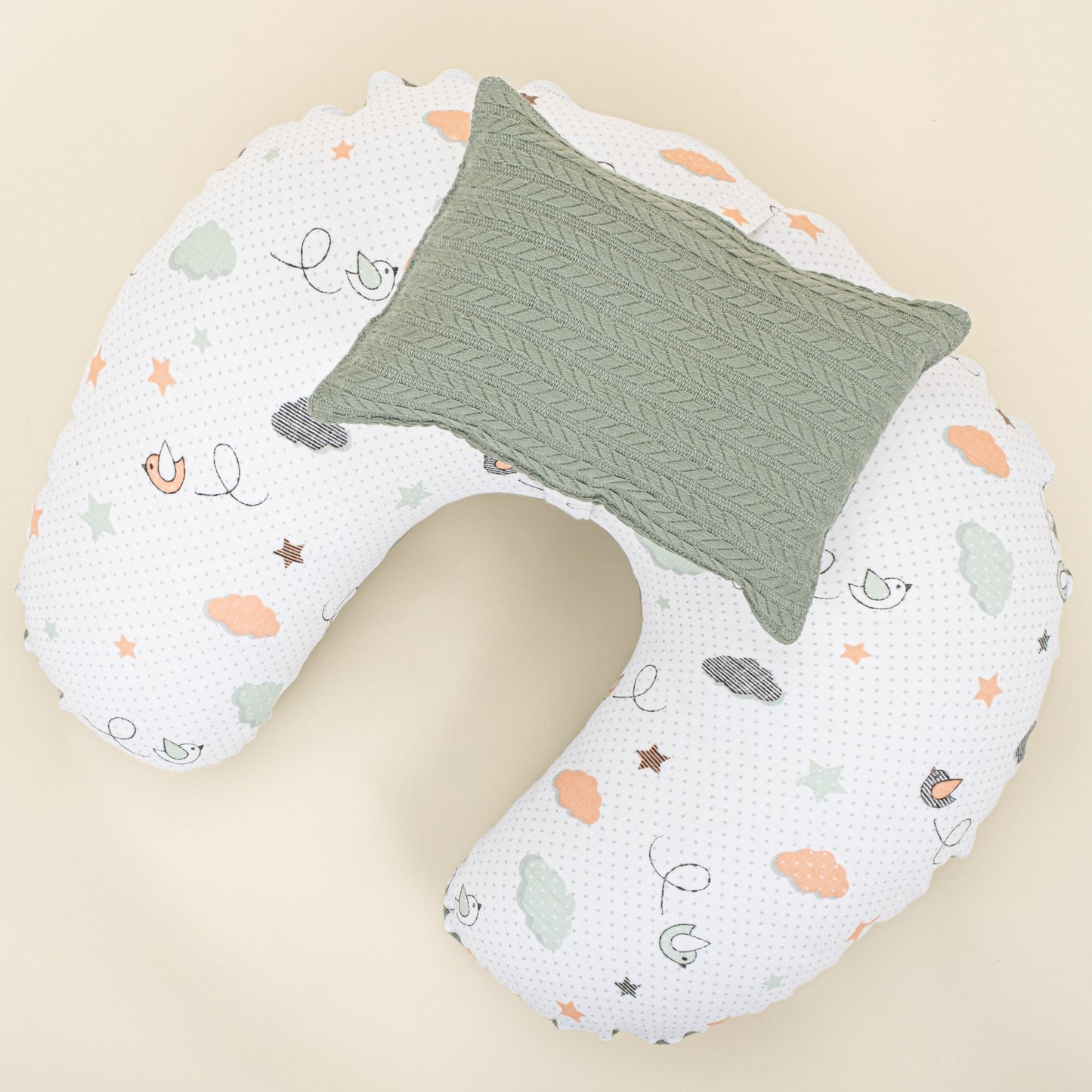 Double Sided Breastfeeding Pillow - Koyu Yeşil Örgü - Kuş