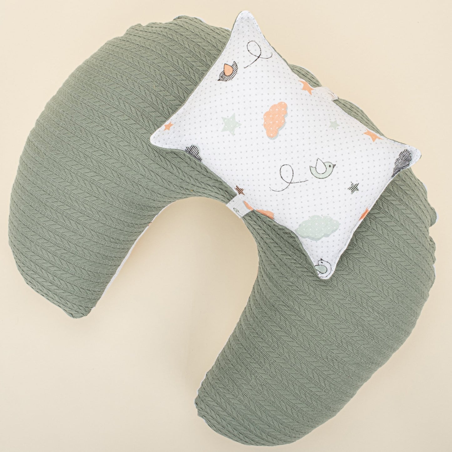 Double Sided Breastfeeding Pillow - Koyu Yeşil Örgü - Kuş