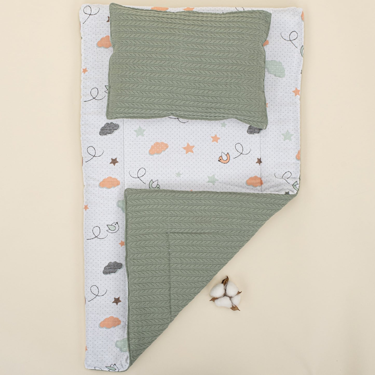 Double Sided Changing Pad and Pillow - Koyu Yeşil Örgü - Kuş