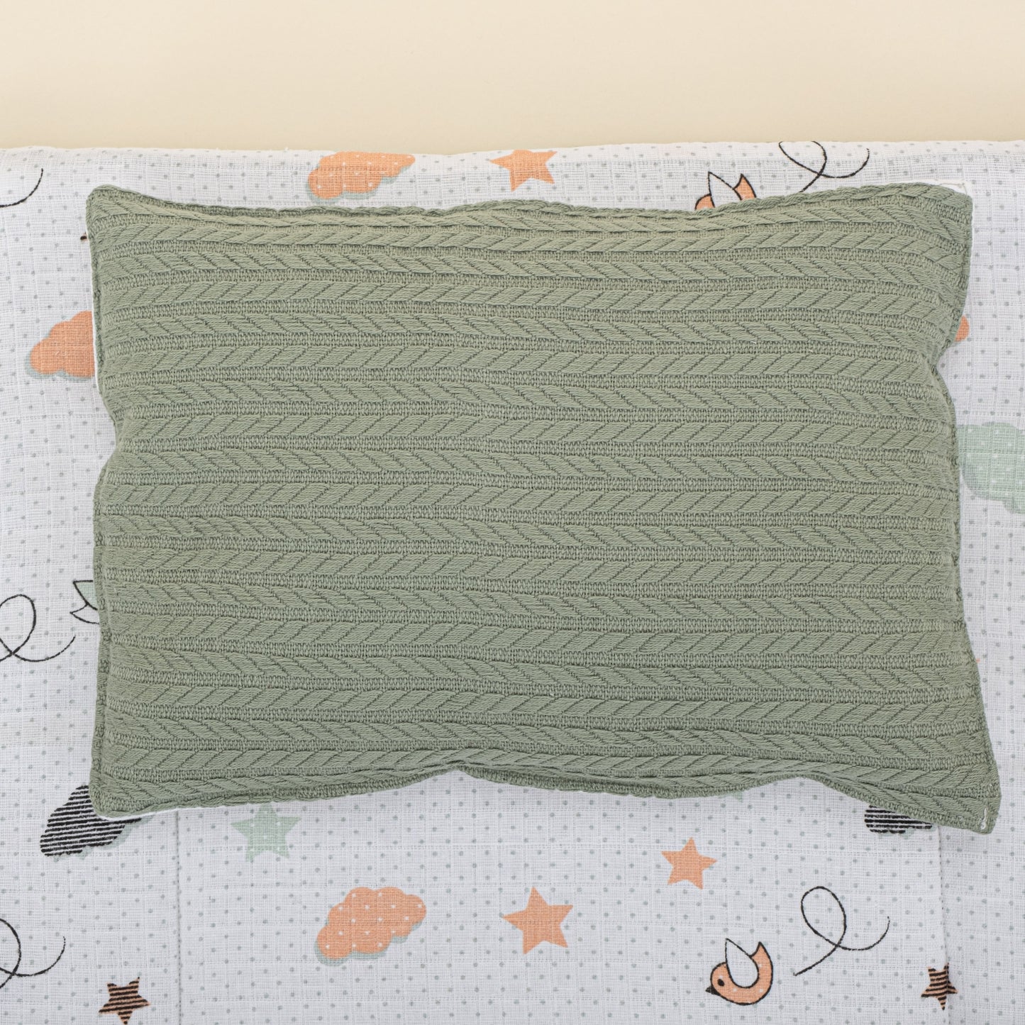 Double Sided Changing Pad and Pillow - Koyu Yeşil Örgü - Kuş