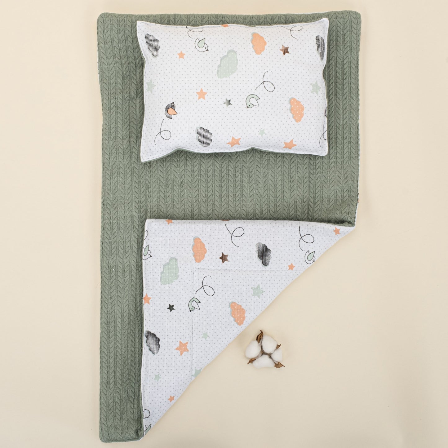 Double Sided Changing Pad and Pillow - Koyu Yeşil Örgü - Kuş