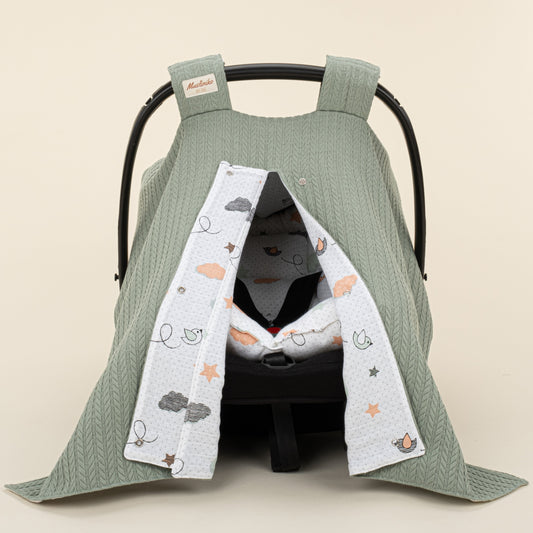 Stroller Cover Set - Double Side - Koyu Yeşil Örgü - Kuş