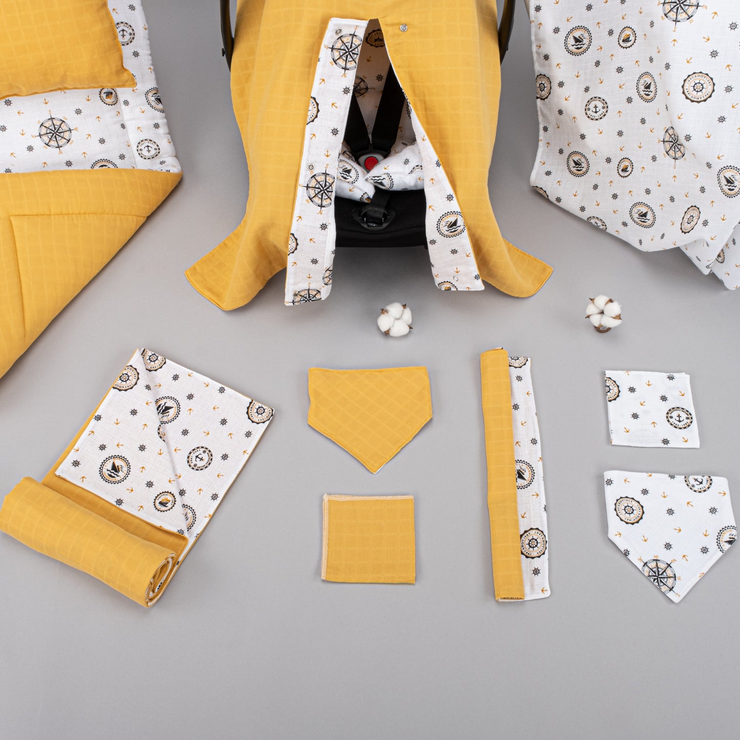 11 Piece - Newborn Sets - Double Sided - Seasonal - Hardal Muslin - Sarı Gemili