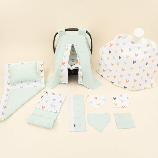 11 Piece - Newborn Sets - Double Sided - Seasonal - Su Yeşili Muslin - Kalpler